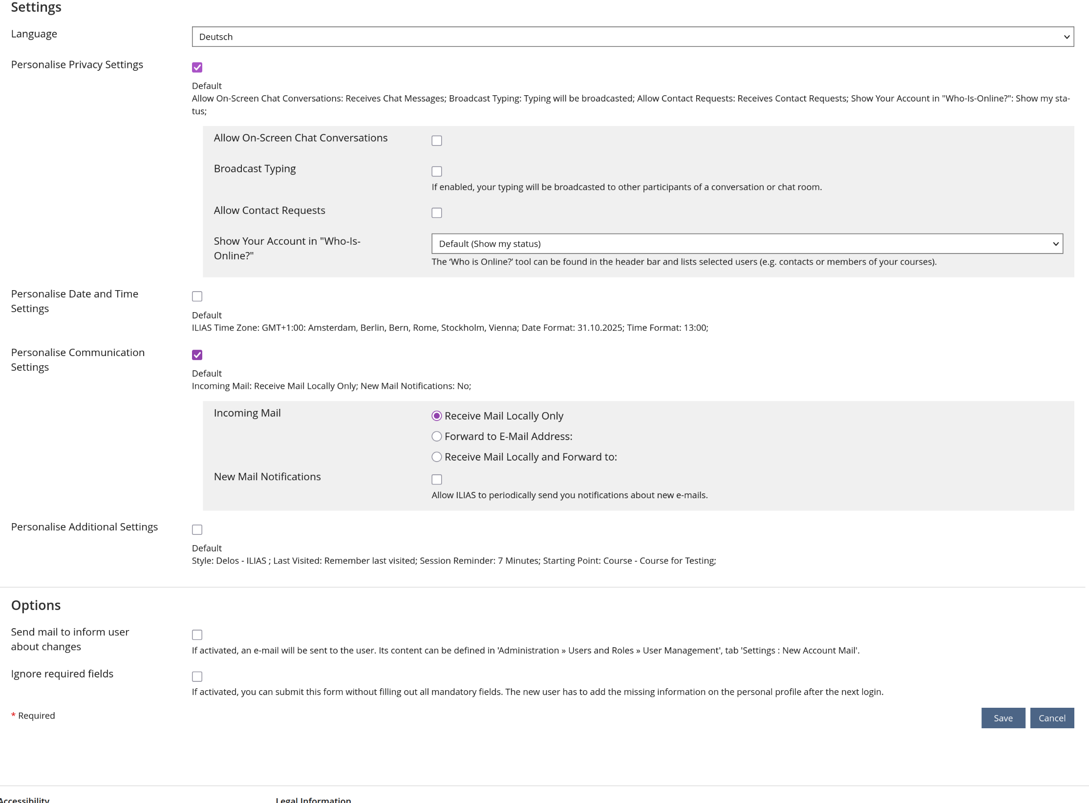 The revamped section on the view to edit users shows the same fields as the edit settings view of the user herself. As the accesses can be configured differently, not the same fields are going to be shown. In the case on the printscrren, the section "Personalise Communication" is expanded and "Incoming Mail" as well as "New Mail Notifications" are presented. The section is expanded when a none-standard value is present inside it.