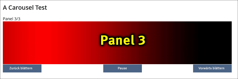 Accordion carousel with standard buttons for pausing and browsing through carousel panels.