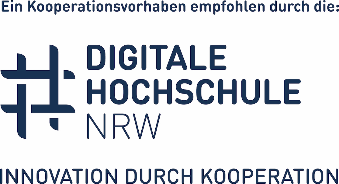Logo der DH.NRW mit dem Text "Ein Kooperationsvorhaben empfohlen durch die Digitale Hochschule NRW - Inovation durch Kooperation"