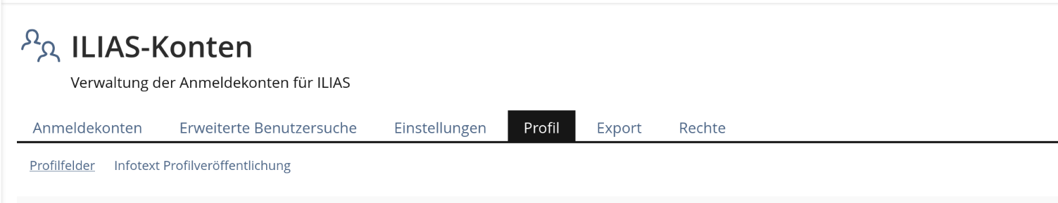 Shows the tab-bar in the Settings of the ILIAS User Management, containing a new tab "User Profile". The tab "User Profile" is selected and shows the sub-tabs "Standard Fields", "Custom Fields", and "User Profile Info".