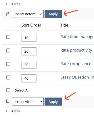 Screenshot after copying a survey question on test9.ilias.de - use the dropdown menu to insert the question before or after another question.
