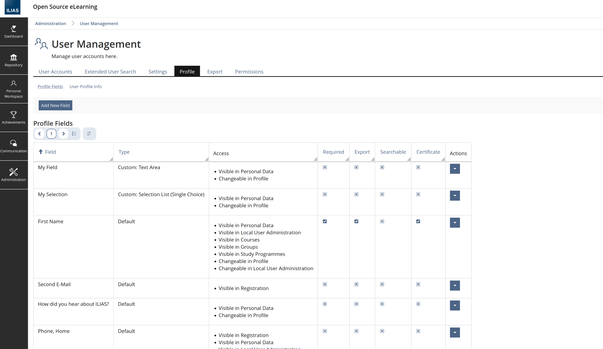 The unified configuration for profile fields only shows two subtabs in "Profile" one for the "Profile Fields" and one for the "User Profile Info". The Table has a button to add a new field and shows the type of the field in the list.