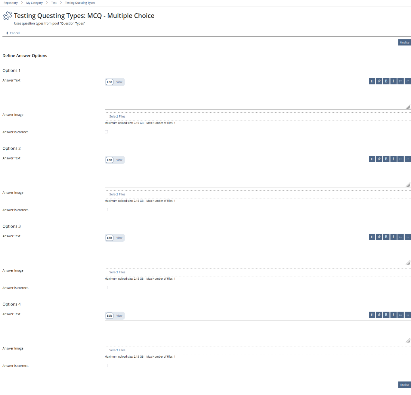 Form to add/edit the answer options, if the question is set to award points as a whole. It shows three input field per option one two add a text, one to add an image, one to select if the answer is correct.