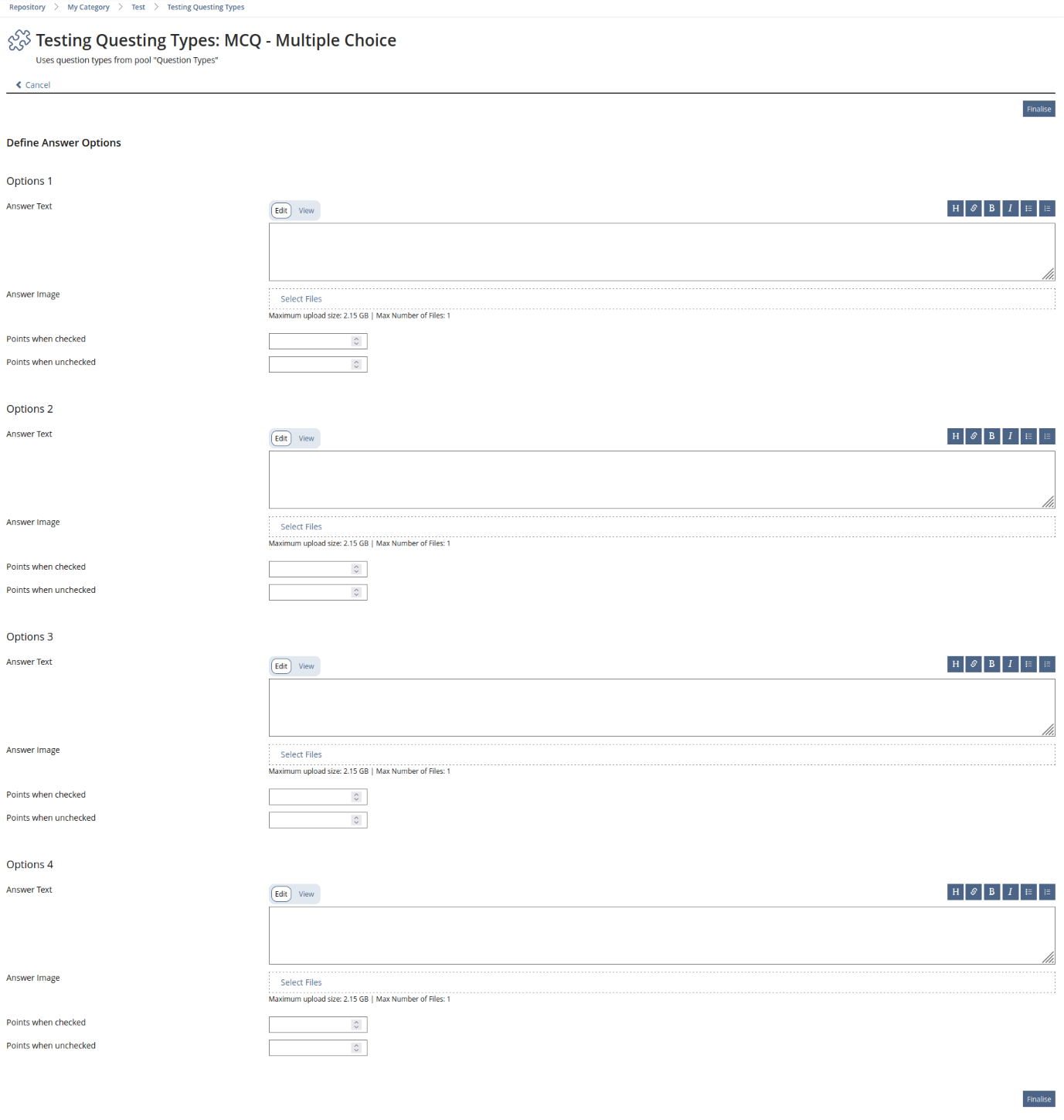 Form to add/edit answer options, if the question is set to award points per option. It shows four input field per option one two add a text, one to add an image, two to input the points awarded if the answer was selected and if it wasn't.