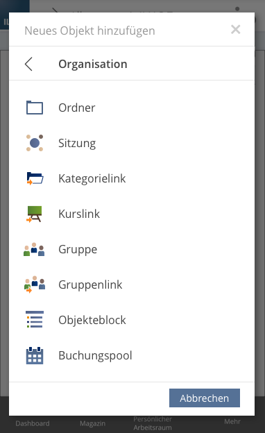 A modal containing a list of object types headlined with the title of the category with a back-glyph is shown.
