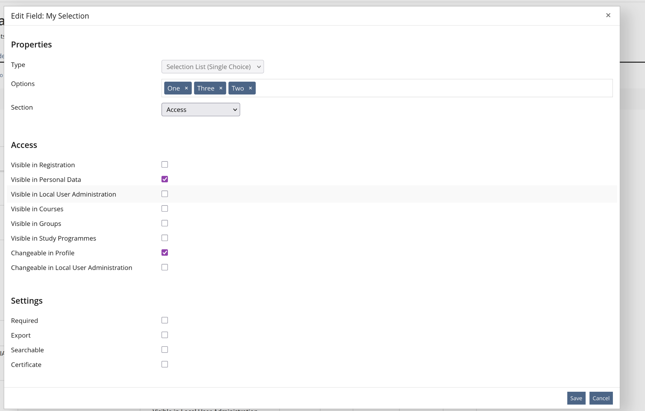 The edit field dialog shows a first section showing the type of the field, a field to edit the available values if available and a dropdown to select the section the field should be shown in. Two additional sections provide checkboxes to select where the field will be available and some additional field settings respectively.