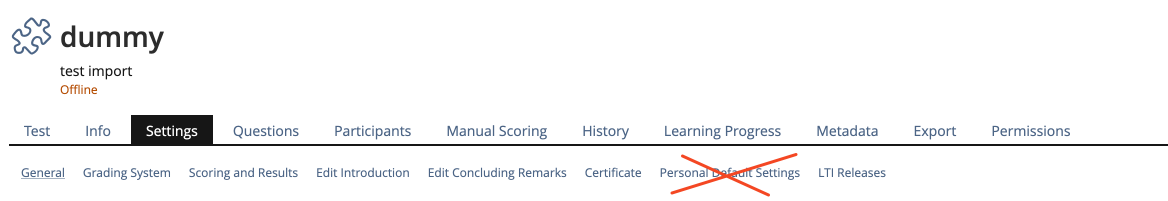 Screenshot Test Settings (test10.ilias.de)