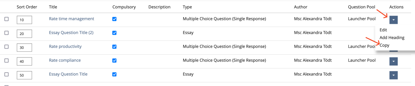 Screenshot List View of Question Tab of a survey on test9.ilias.de - Action menu next to a question is open. 2 arrows are marking the action menu button and the copy link within this opened action