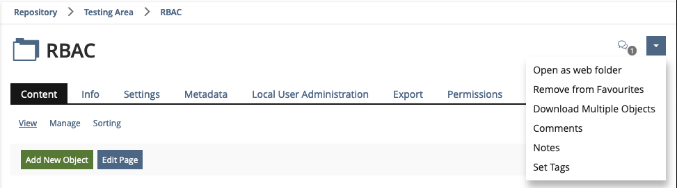 Screenshot showing the opened Top Actions in a category of ILIAS 10